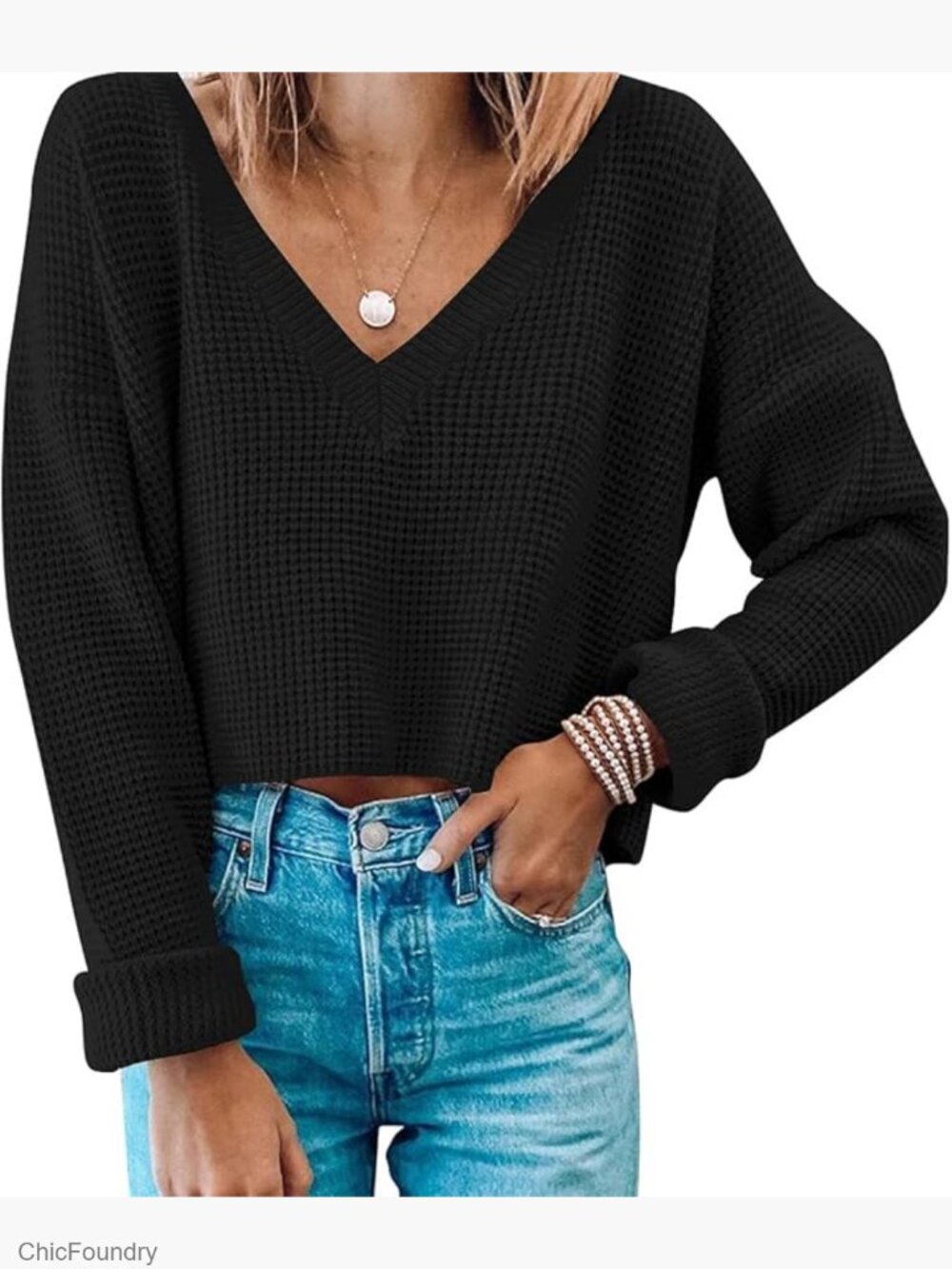 V-Neck Waffle Knit Cropped Pullover Sweater Long Sleeve Crop Top